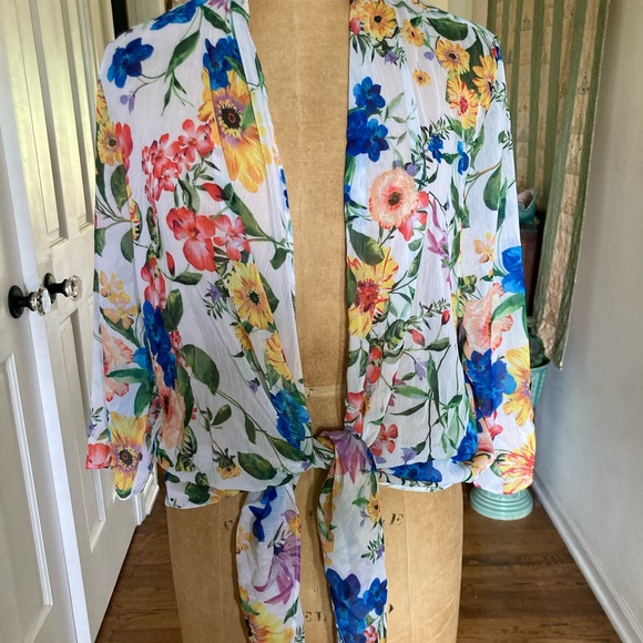 *HOSTPICK*  SLINKY Sheer Floral Cascade Front or Tie Front Cardigan MED NWOT - Picture 6 of 10